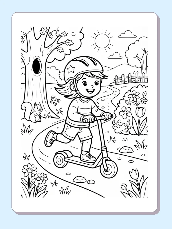 Black and white coloring page of a smiling child gliding by a tree and flowers on a sunny path