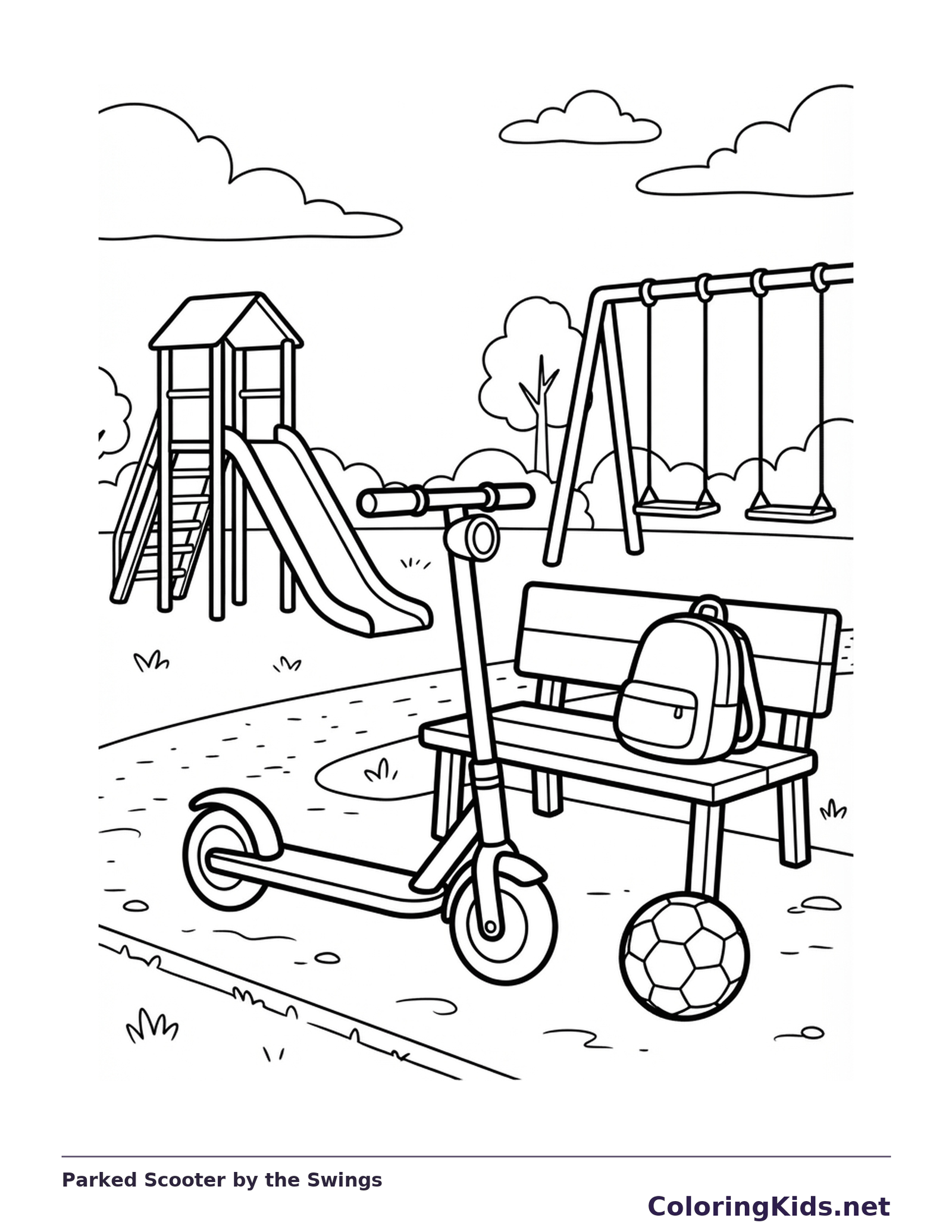 Parked kick scooter near bench, backpack, slide and swings