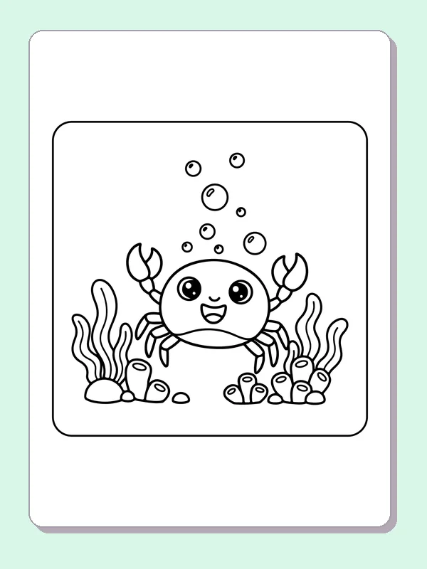 Black and white printable crab between coral branches coloring sheet