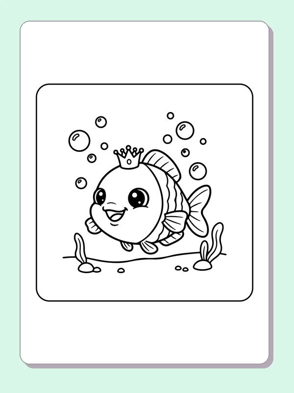 Black and white printable crowned fish among coral coloring sheet