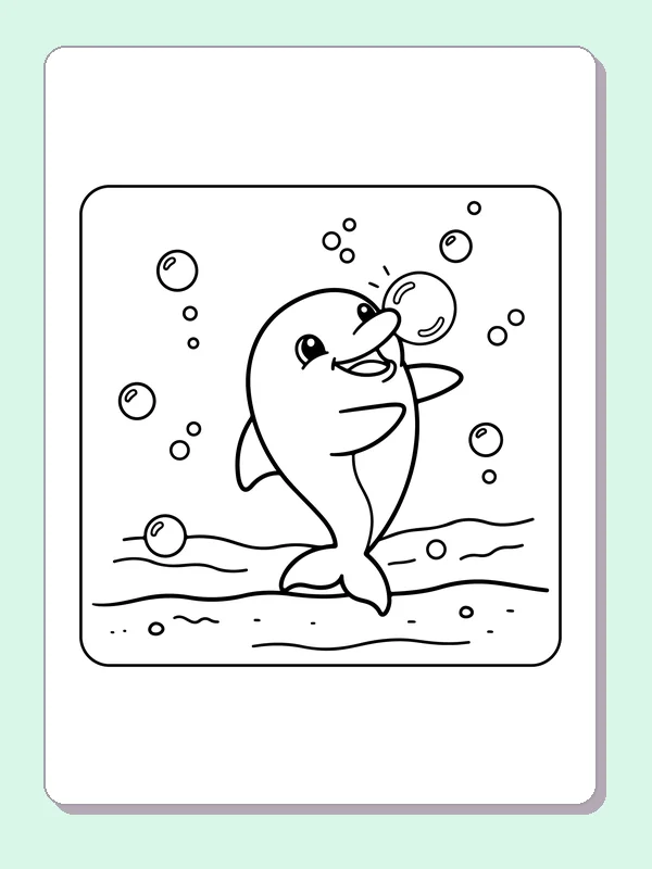 Black and white printable dolphin blowing bubbles coloring sheet