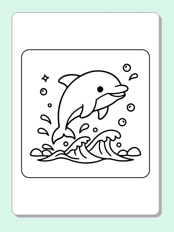 Black and white printable dolphin riding a small wave coloring sheet