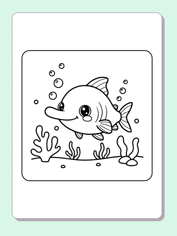 Black and white printable fish with a long nose coloring sheet