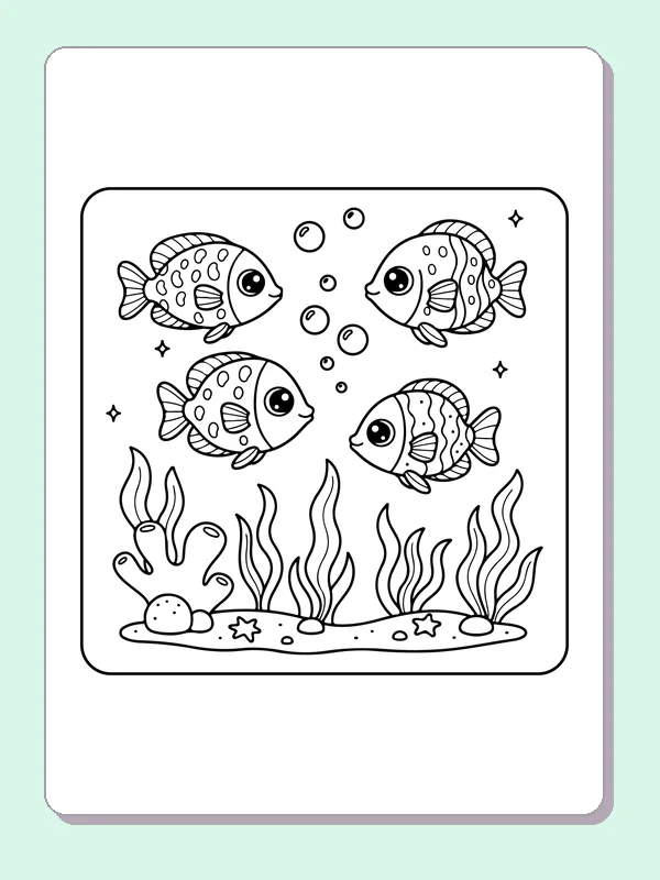 Black and white printable four fish above sea plants coloring sheet