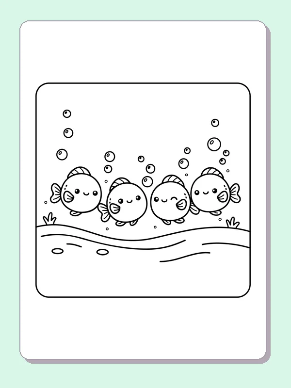 Black and white printable four little fish in a row coloring sheet