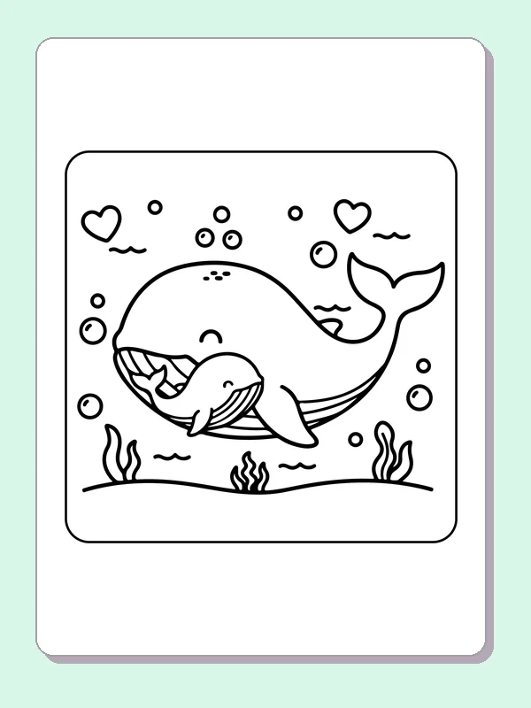 Black and white printable happy whale among hearts coloring sheet