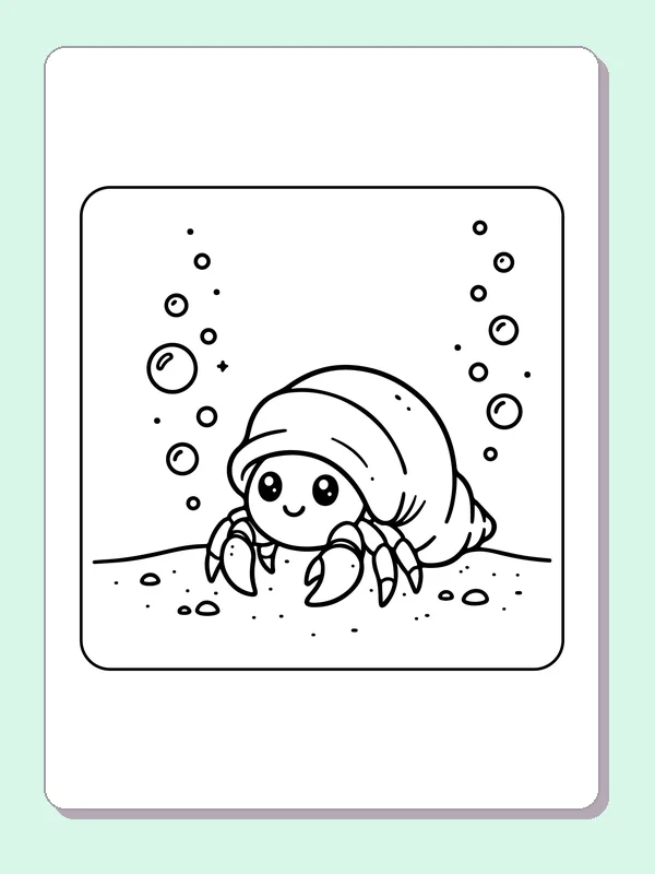 Black and white printable hermit crab in a spiral shell coloring sheet
