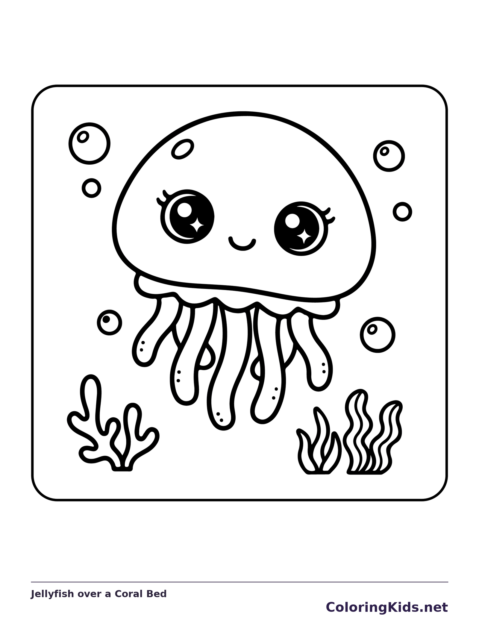 Black and white printable jellyfish over a coral bed coloring sheet