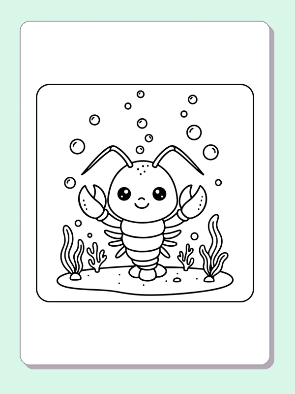 Black and white printable lobster on the ocean floor coloring sheet