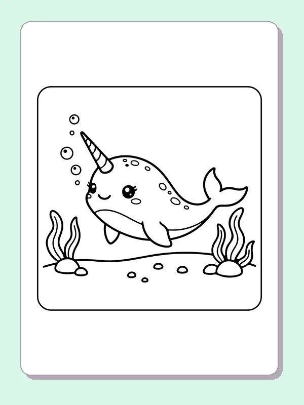 Black and white printable narwhal swimming past seaweed coloring sheet
