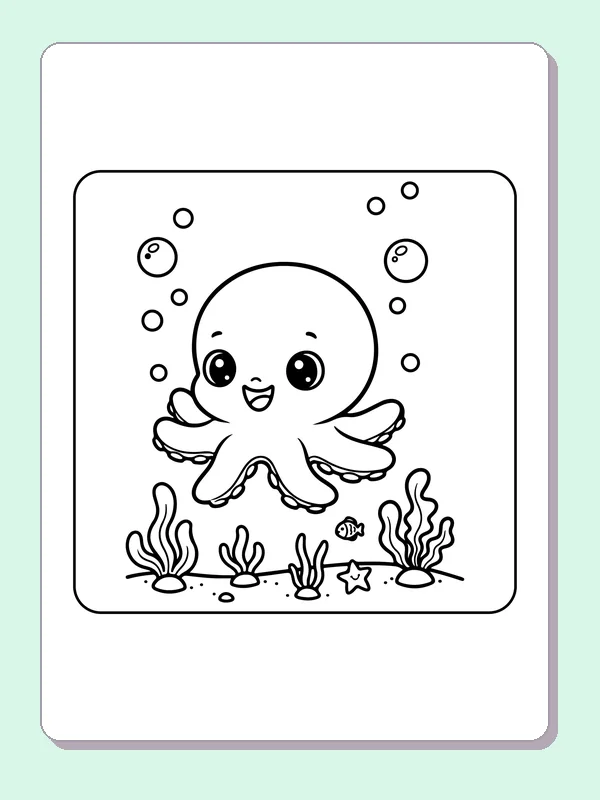 Black and white printable octopus drifting above sea plants coloring sheet