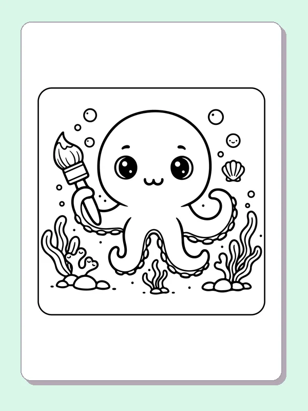Black and white printable octopus holding a paintbrush coloring sheet