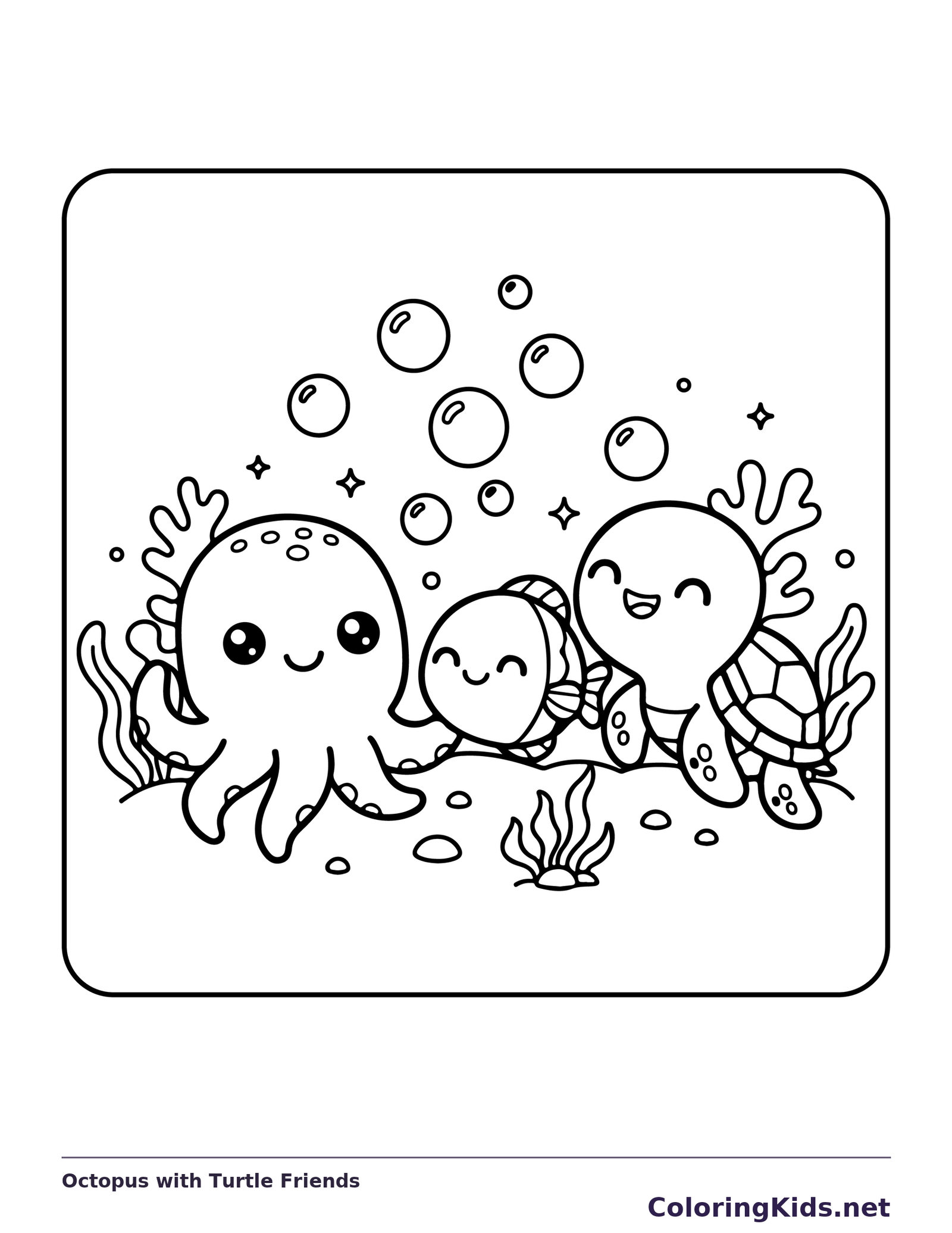 Black and white printable octopus with turtle friends coloring sheet