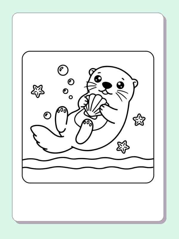 Black and white printable sea otter holding a shell coloring sheet