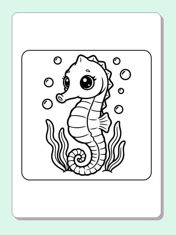 Black and white printable seahorse among seaweed coloring sheet