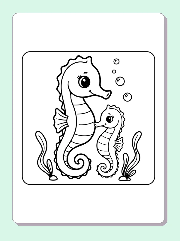 Black and white printable seahorse and baby in coral coloring sheet