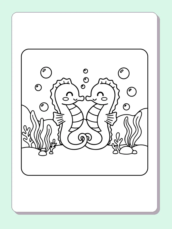 Black and white printable seahorse pair among reeds coloring sheet