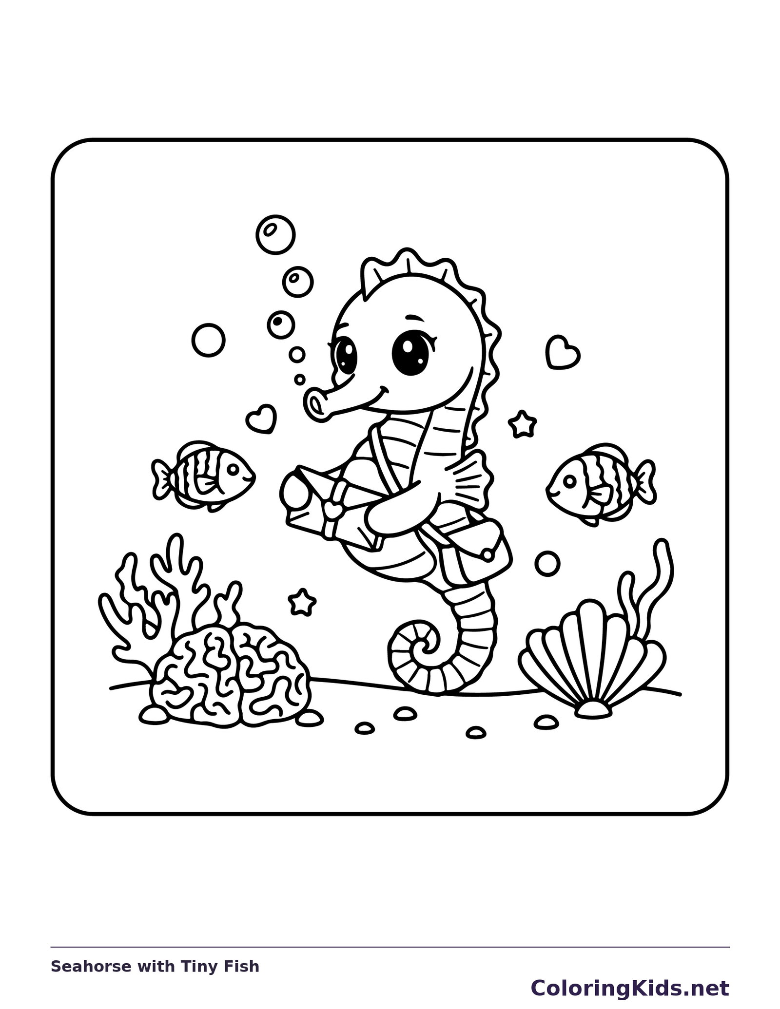 Black and white printable seahorse with tiny fish coloring sheet