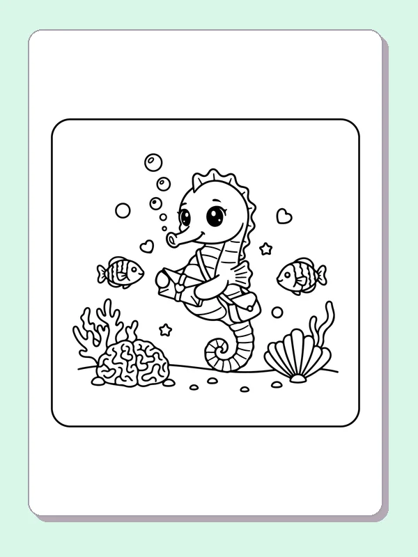 Black and white printable seahorse with tiny fish coloring sheet