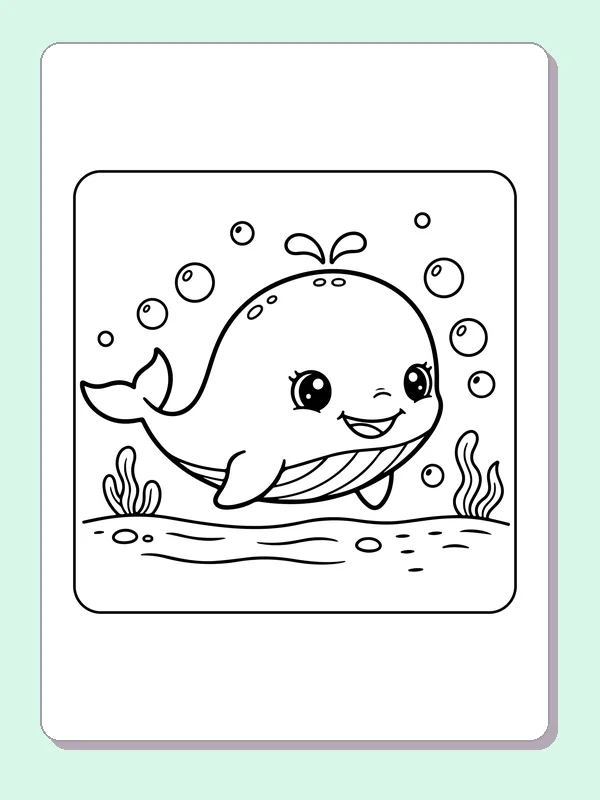 Black and white printable smiling whale on the seabed coloring sheet