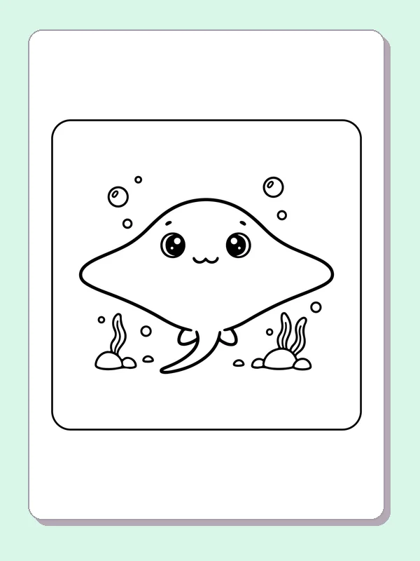Black and white printable stingray gliding over stones coloring sheet