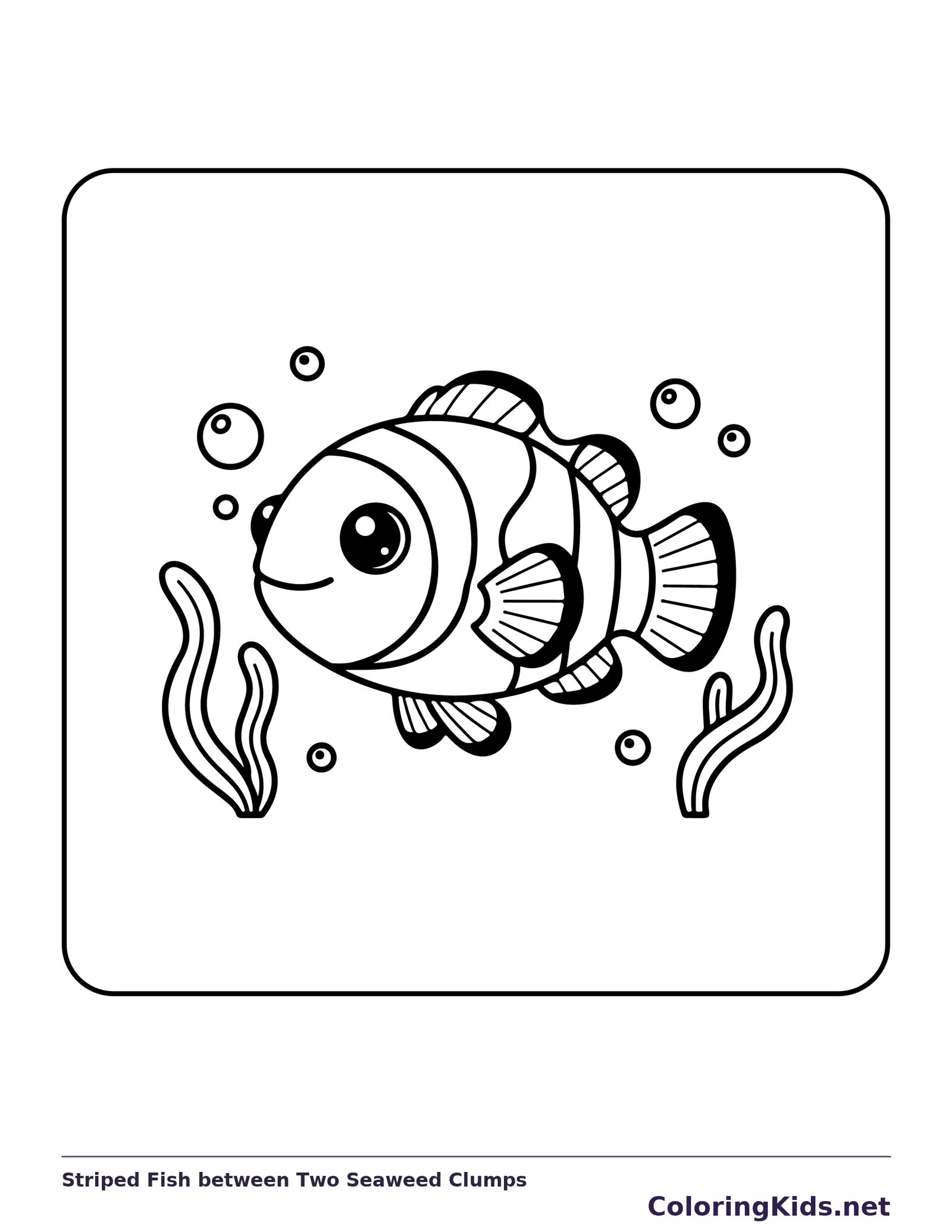 Black and white printable striped fish between two seaweed clumps coloring sheet