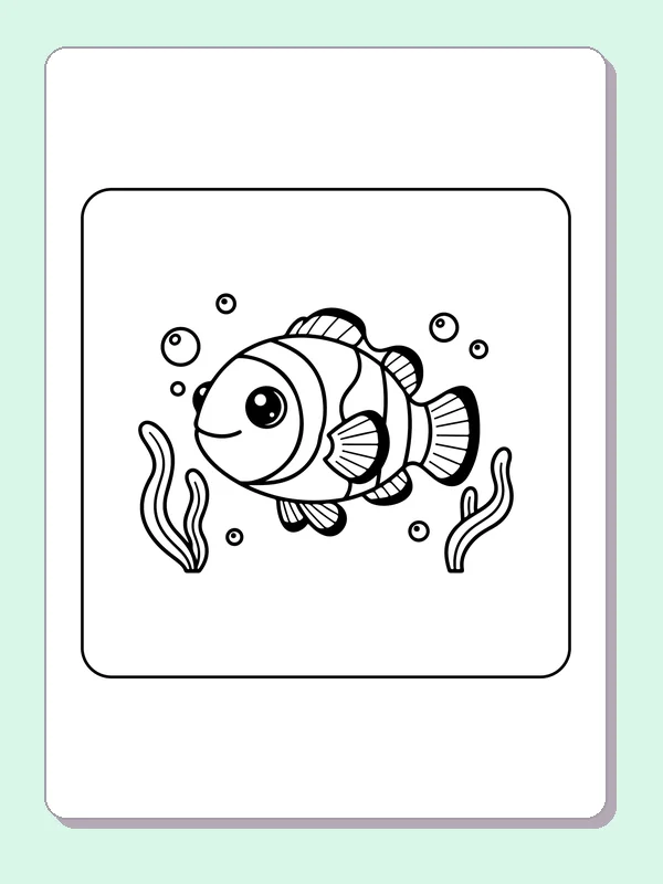 Black and white printable striped fish between two seaweed clumps coloring sheet