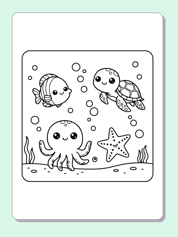 Black and white printable turtle, fish and octopus together coloring sheet
