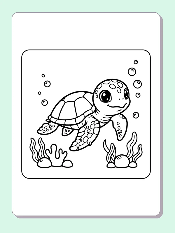 Black and white printable turtle swimming past coral coloring sheet