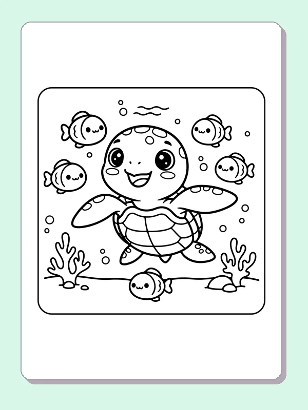 Black and white printable turtle with a school of fish coloring sheet