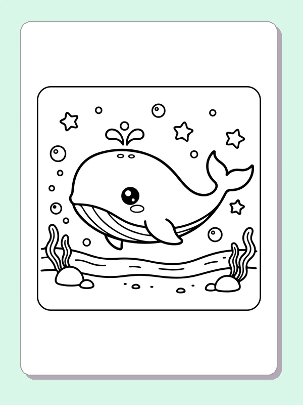 Black and white printable whale beneath starry bubbles coloring sheet