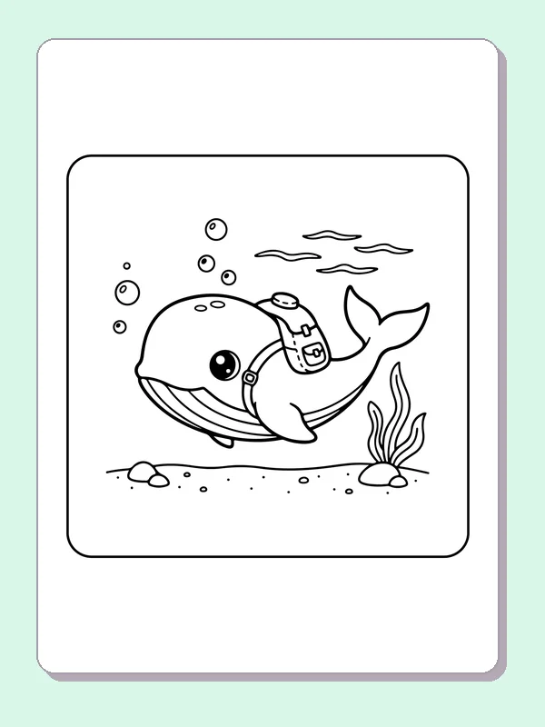 Black and white printable whale carrying a small pack coloring sheet