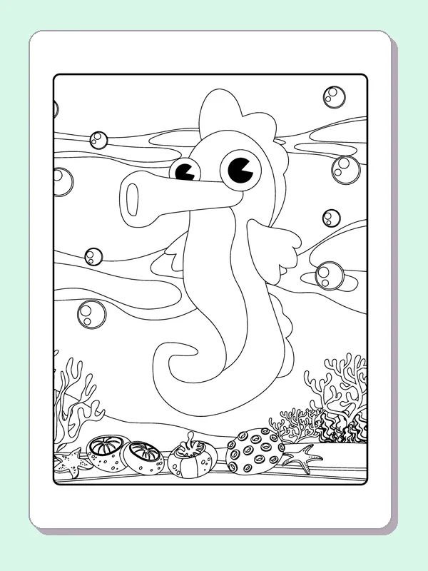 Big-eyed cartoon seahorse with smooth belly and curled tail in wavy water
