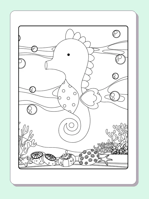 Round dotted seahorse with spiral tail above coral and seabed shapes