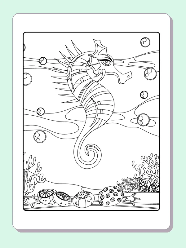 Seahorse with pointed fins and many narrow bands along its curved body