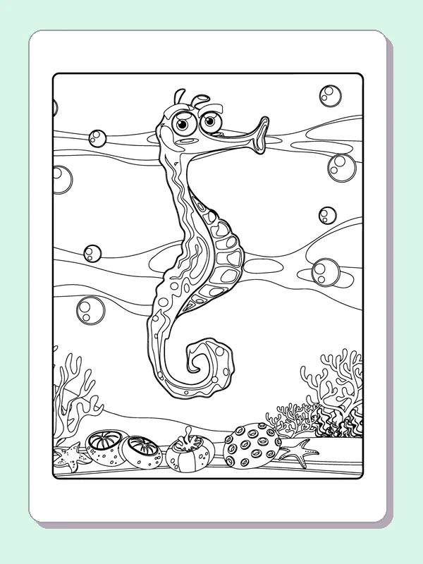 Slender seahorse with curly back fins, spotted body and tightly coiled tail