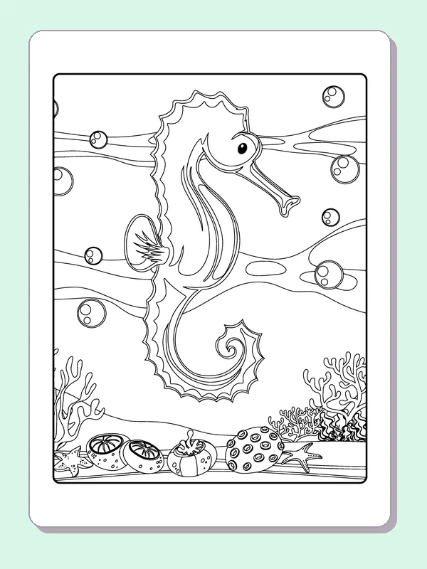 Slender side-view seahorse with scalloped fins and curled tail