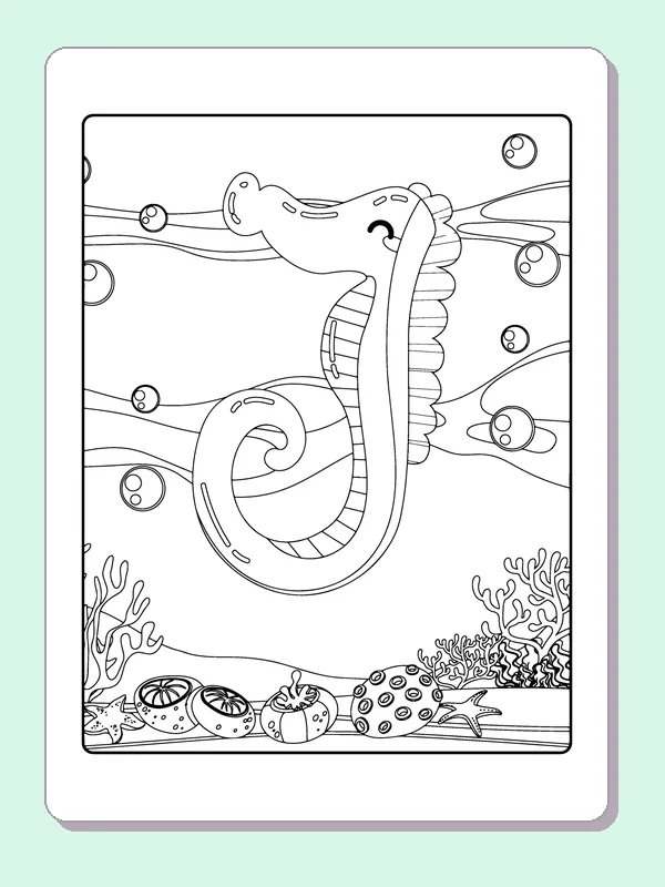 Smiling seahorse with striped belly and large looping tail