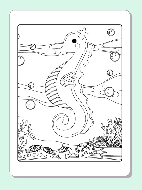 Seahorse with star-shaped crest detail, striped side fin and curled tail