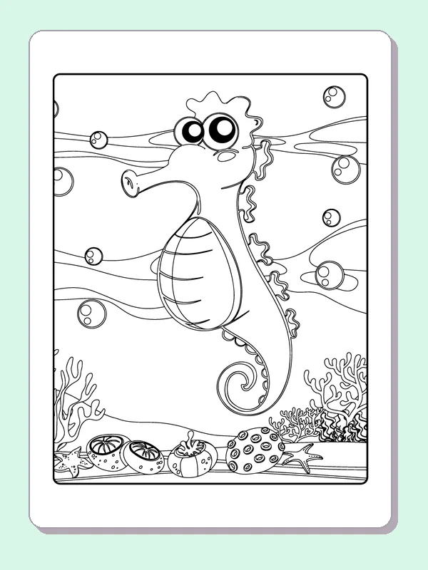 Wide-eyed seahorse with striped round belly and spines down its back