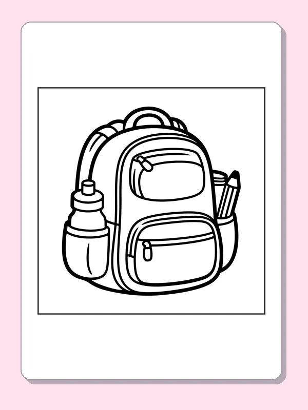 Backpack with Bottle and Pencils coloring page: black and white line art to print or color online