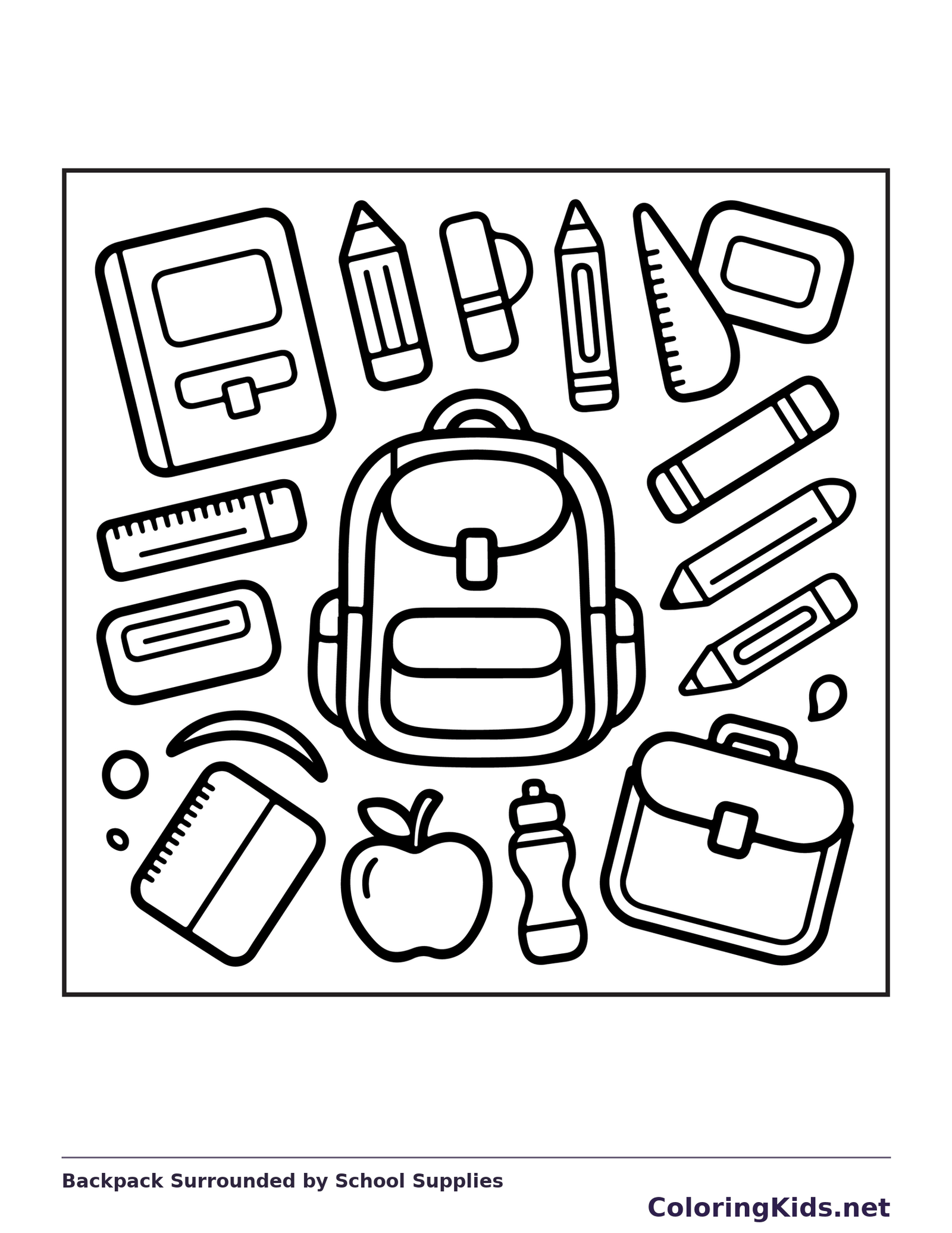 Backpack Surrounded by School Supplies coloring page: black and white line art to print or color online