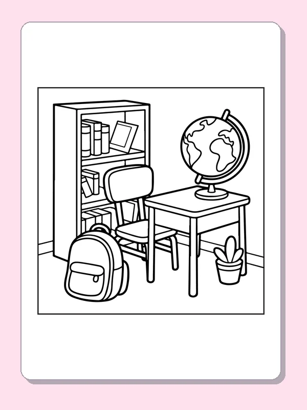 Classroom Desk with Globe and Shelf coloring page: black and white line art to print or color online