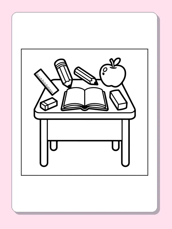 Open Book and Apple on a Desk coloring page: black and white line art to print or color online