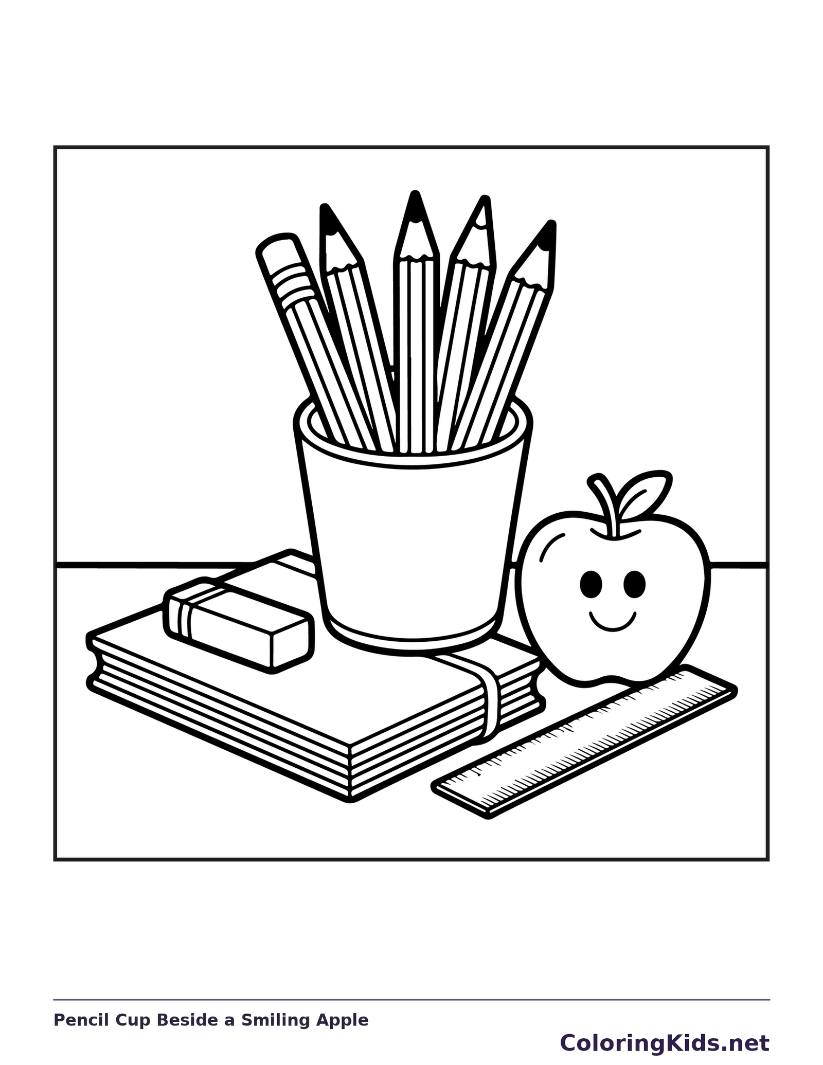 Pencil Cup Beside a Smiling Apple coloring page: black and white line art to print or color online