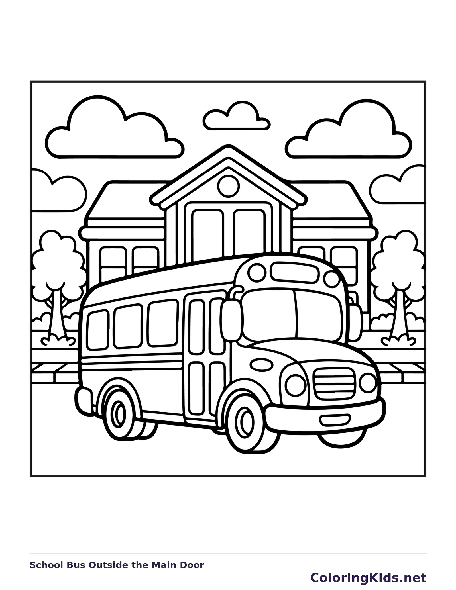 School Bus Outside the Main Door coloring page: black and white line art to print or color online