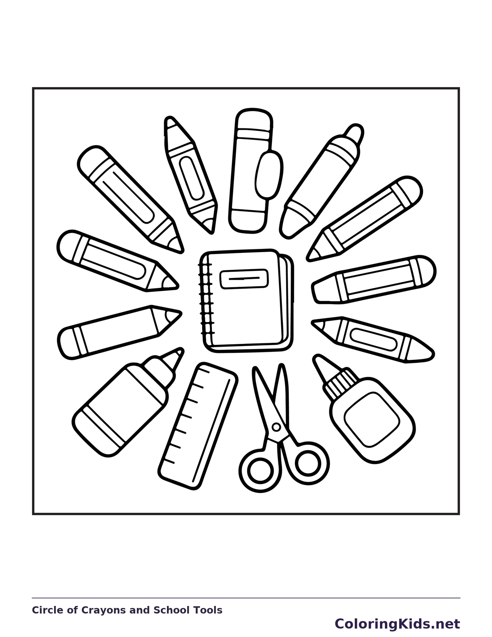 Circle of Crayons and School Tools coloring page: black and white line art to print or color online