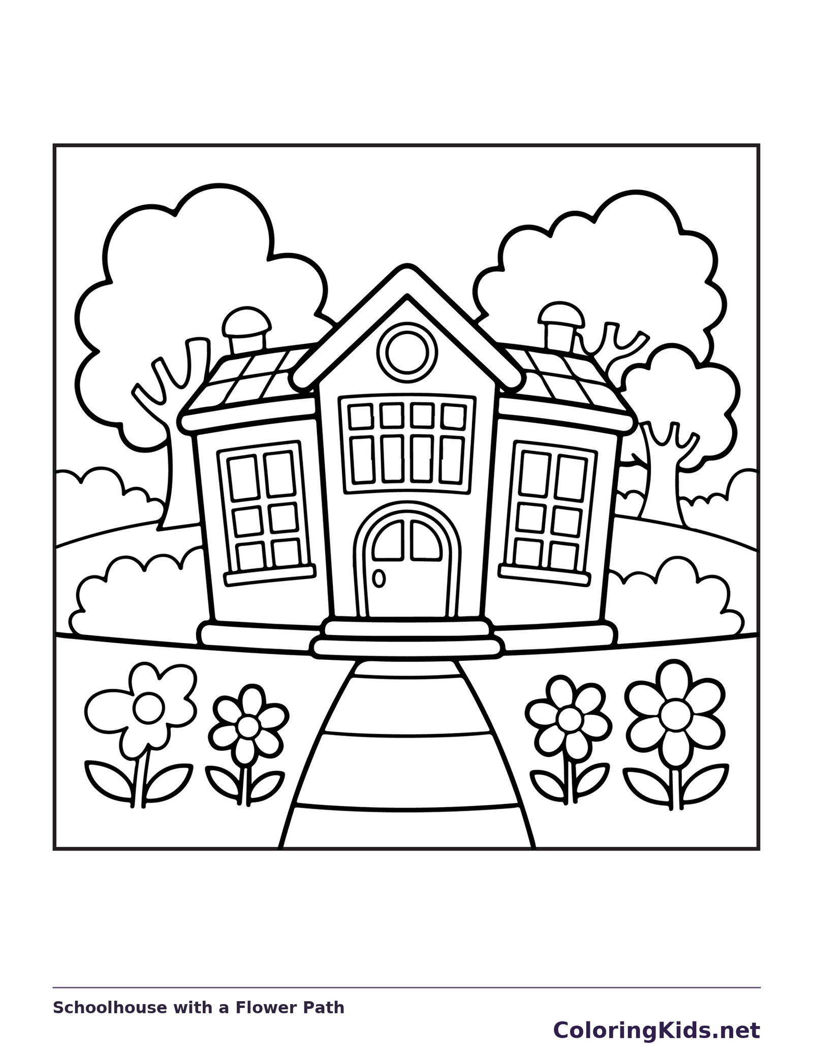 Schoolhouse with a Flower Path coloring page: black and white line art to print or color online
