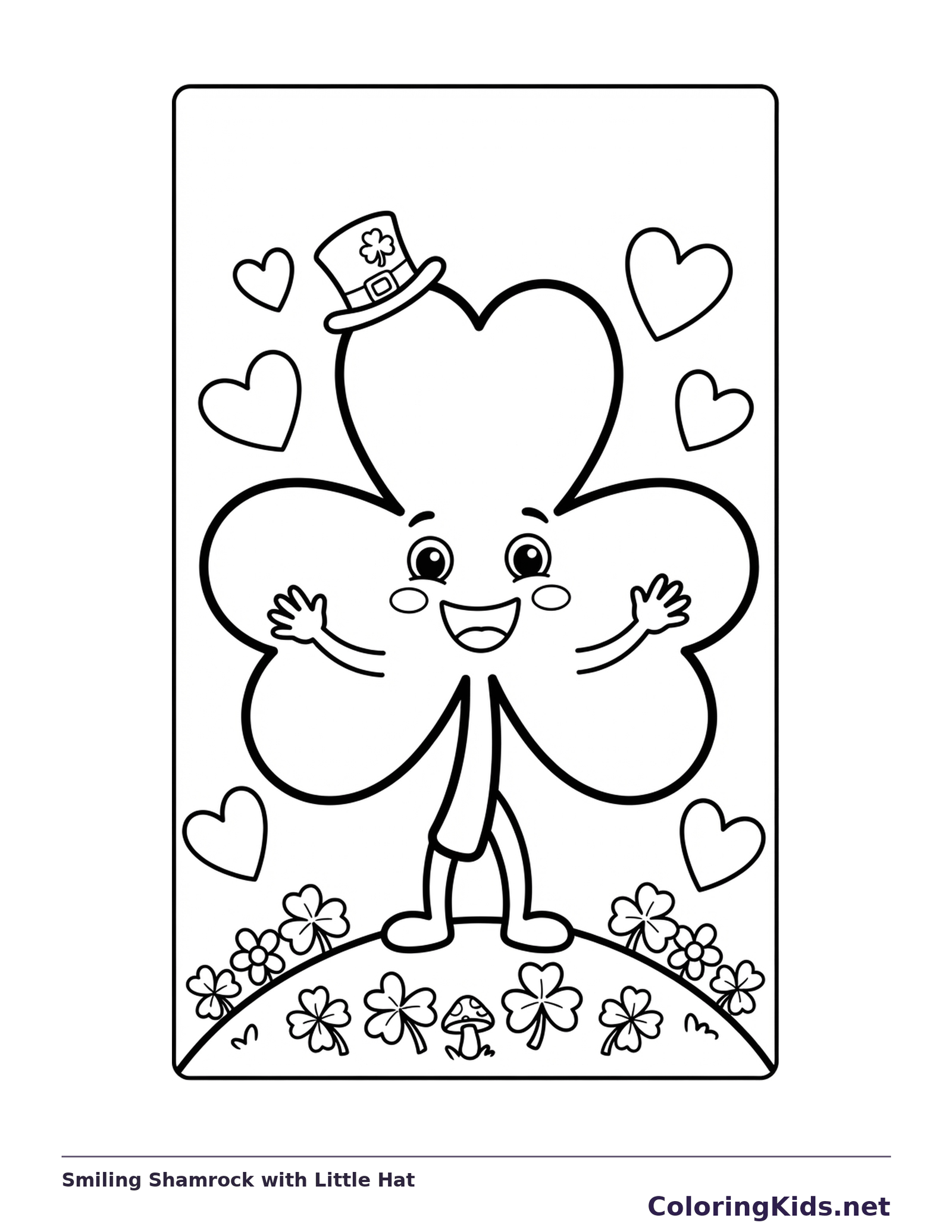Black and white printable shamrock coloring page of a Smiling three-leaf shamrock in a little hat above flowers and hearts