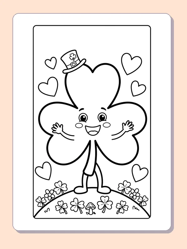Black and white printable shamrock coloring page of a Smiling three-leaf shamrock in a little hat above flowers and hearts